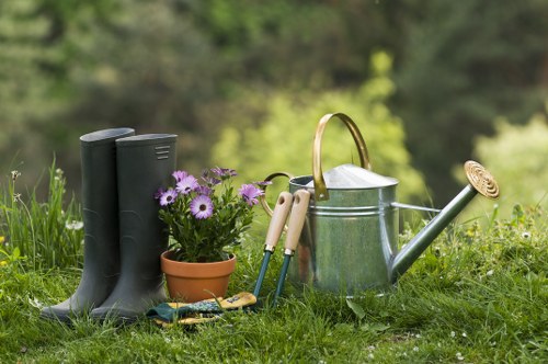 The image depicts a neatly arranged outdoor garden scene with a pair of black rubber gardening boots standing upright on a lush green lawn, accompanied by a small terracotta pot filled with purple flowering plants. Next to these, there is a collection of gardening tools including a pair of pruning shears, a trowel, and a small hand rake, all resting on the grass. A silver metal watering can with a rounded handle and a long spout is positioned nearby, suggesting readiness for watering plants. In the background, out-of-focus trees and foliage create a natural, shaded environment typical of a backyard or garden space in Soho. The scene is illuminated by natural daylight, indicating a mild, possibly spring or early summer day, ideal for lawn care and garden maintenance services offered by Landscapers Soho in the local area. The detailed elements—such as the textured grass, the vibrant purple flowers, and the well-used gardening tools— emphasize the readiness for outdoor gardening tasks, making the image relevant for a gardening service webpage focused on outdoor maintenance and plant care in the Soho or nearby London areas.